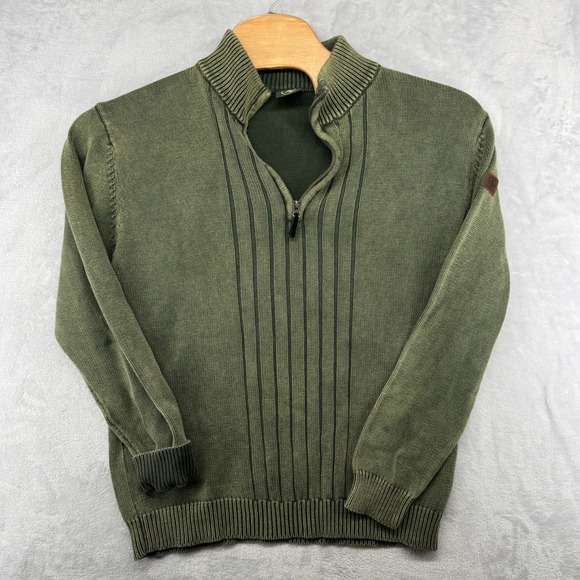 Aigle Green Knit 1/4 Zip Mock Neck Pullover Sweater Olive Cotton Men's Size L - Picture 1 of 7
